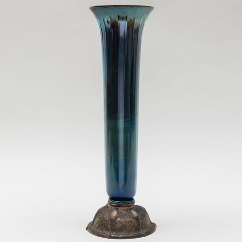 Louis Comfort Tiffany Furnaces Blue Favrile Glass and Silvered Copper Vase