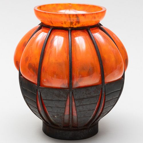 Wrought Iron-Mounted Cased Glass Vase, Probably Degue 