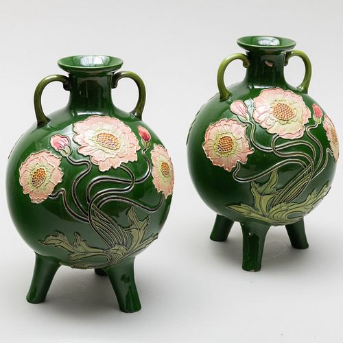 Pair of Austrian Secessionist Green Ground Porcelain Vases