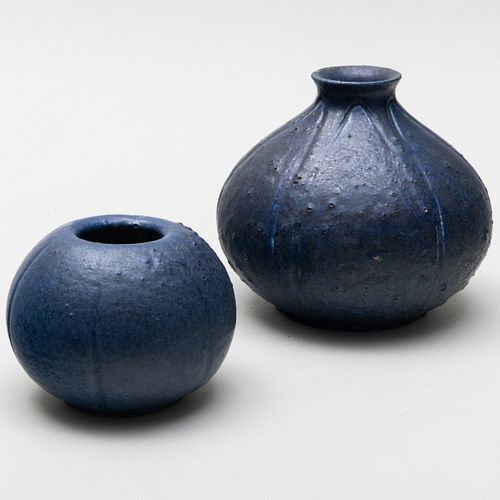 Two Grueby Faience Company Blue Glazed Earthenware Vases