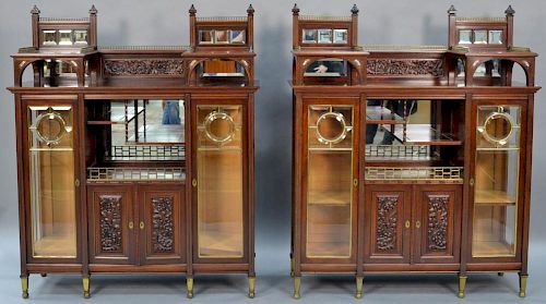 Pair of aesthetic Victorian mahogany bookcases, each with brass galleries over triple beveled mirrors, fruit carved center pa