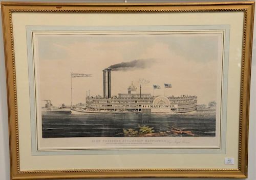 Nathaniel Currier  large folio hand colored lithograph "High Pressure Steamboat Mayflower"  Capt. Joseph Brown, First Class p