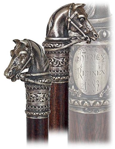 3. Silver Lippizan Head Cane -Dated 1883 -The larger knob is well modeled, finely chased and engraved to depict a stallion’