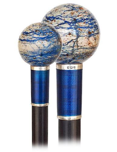 6. Hard Stone and Guilloché Enamel Dress Cane -1907 -Plain Lapis Lazuli ball knob of most unusual and highly decorative stri