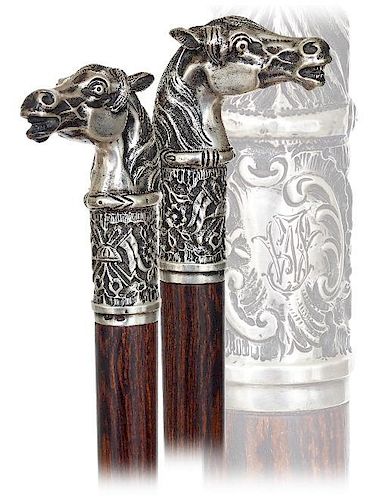 10. Silver Horse Head Cane -Ca. 1890 -Silver stallion’s head presented on a wider collar with a joining, integral and raise
