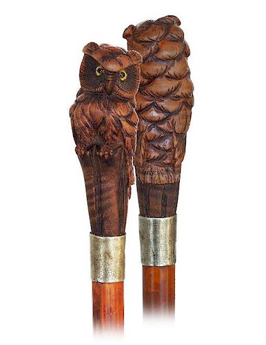 13. Owl Cane -Ca. 1900 -Very large pear wood handle carved to depict an owl perched atop of a wood stem, malacca shaft with a