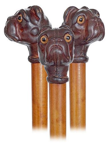 19. Bulldog Head Day Cane -Ca. 1900 -Large wood knob carved and covered with leather to depict a French bulldog head with cut