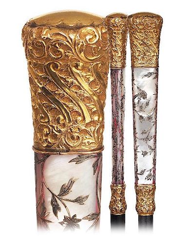 21. Ormoulu Mother of Pearl and Silver Dress Cane -Ca. 1880 -Substantial mother-of-pearl handle of a beautiful, stretching, o