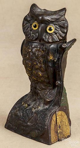 Cast iron Owl Turns Head mechanical bank, manufactured by J. & E. Stevens Co.