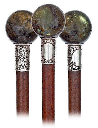 37. Hard Stone Dress Cane -Ca. 1890 -A sizeable labradorit ball knob and its beautiful silver collar with a blank cartouche w