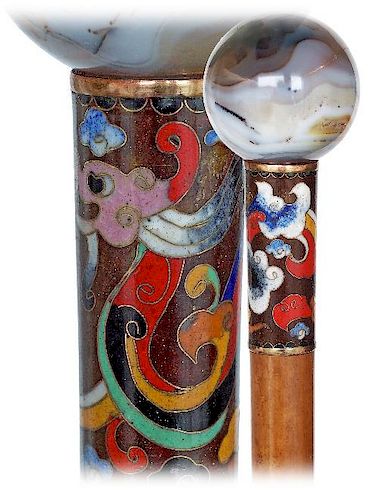 45. Hard Stone and Cloisonné Enamel Cane -Ca. 1900 -Plain dendritic agate ball knob of striking color and glassy translucent