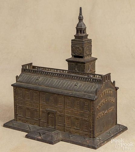 Cast iron Independence Hall still bank, manufactured by Enterprise, 10'' h.