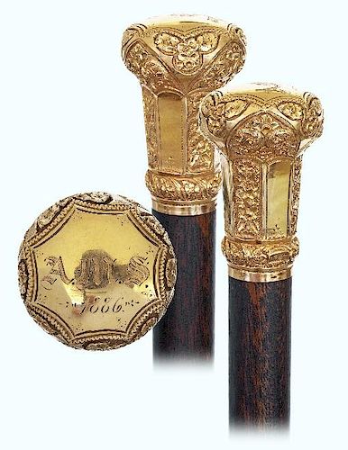 59. Superior Gold American Presentation Cane -Dated 1886 -Mushroom shaped gold rolled knob with a stem fashioned in an octago