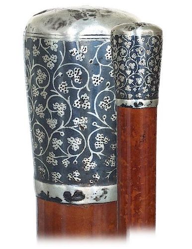 62. Tula Silver Day Cane -Ca. 1900 -Classic and well-proportioned Tula silver knob totally decorated in Tula technique with r