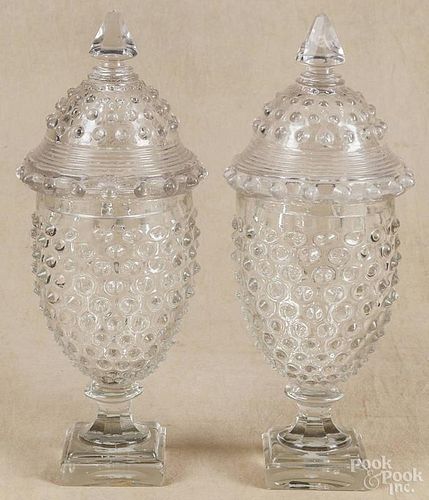 Pair of New England hobnail sweetmeat covered dishes, 19th c., 14 1/2'' h.