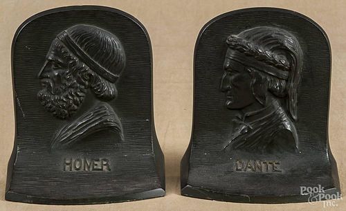 Pair of Bradley and Hubbard bronze bookends, early 20th c., with relief plaques of Dante and Homer