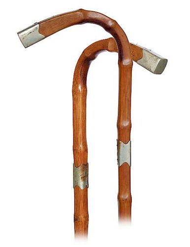 67. Bamboo Day Cane -Ca. 1900 -Fashioned of a single square bamboo shoot with an integral L-shaped handle embellished with wh