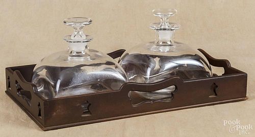 Kittinger mahogany serving tray, 20th c., 16'' w., 9 1/4'' d., with two decanters