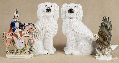 Large pair of Staffordshire spaniels, 19th c., 14 1/2'' h., together with a Staffordshire figure