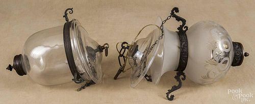 Frosted cut to clear hanging lamp, 19th c., 12'' h., together with a colorless glass hanging lamp
