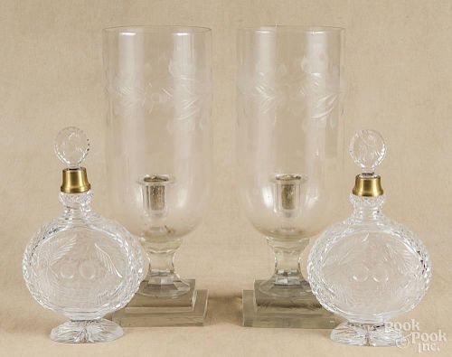 Pair of colorless etched glass candle lamps, 19th c., 15 1/2'' h.