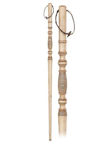 116. Marine Inspired Wood Cane -Ca. 1900 -Straight and single piece hard wood cane elaborately turned with an integral handle
