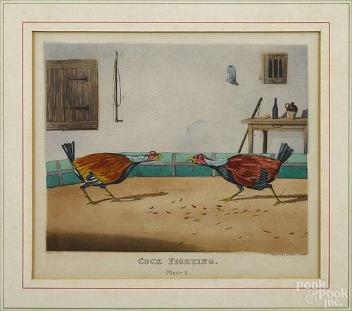 Three colored Cock Fighting lithographs, 19th c., after Alkin, 7 1/2'' x 9''.