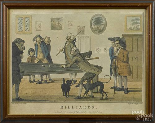 Four color lithographs, 19th c., to include Billiards, after Henry Bunbury, 11 1/2'' x 15 1/4''