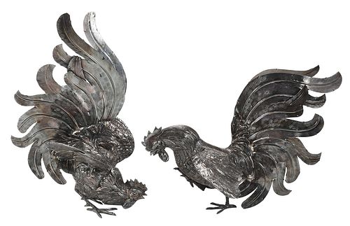 Pair of Silver Plated Fighting Cocks