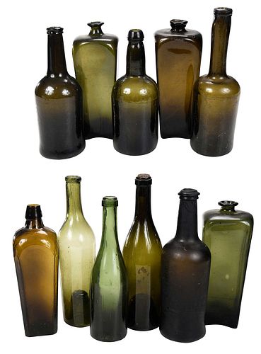 11 Early Glass Bottles, Wine and Gin