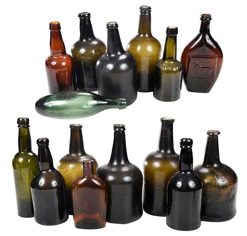 15 Early Glass Wine and Spirits Bottles