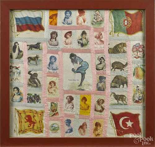 Tobacco silk baby quilt, ca. 1900, 17 1/2'' x 18 1/2''.
