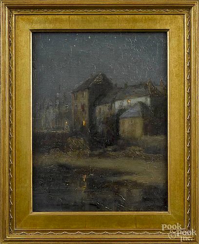 Oil on canvas nocturnal harbor scene, 19th c., with remains of old label on verso, titled Quay.