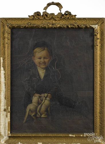 Oil on canvas portrait of a boy and puppies, 19th c., 20'' x 16''.