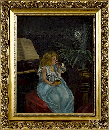 Oil on canvas portrait of a girl blowing bubbles, 19th c., with a fern and piano in the background