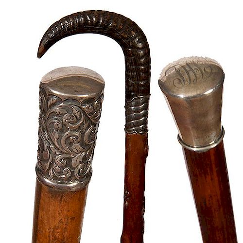 161. Three Piece Dress Cane Lot- Ca. 1880-1910- Two nice signed sterling canes and one horn cane with a solid silver collar, 