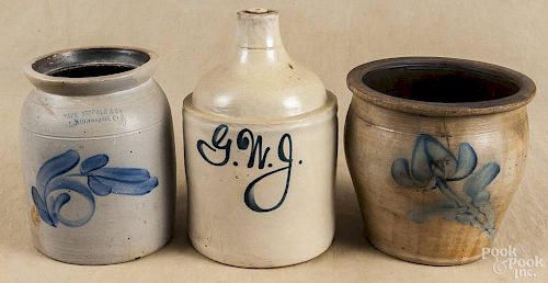Three pieces of stoneware, 19th c., to include a Sipe, Nichols & Co., Williamsport, Pa. crock