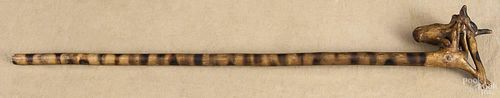 Carved root walking stick, 19th c., with a horse head and bird in hand grip, 36'' l.
