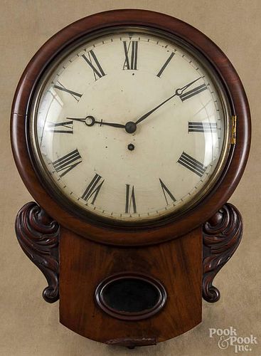 Regency mahogany wall clock, 19th c., with a fusee movement, 21'' h.
