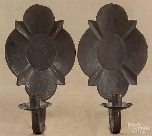 Pair of tin wall candle sconces, 20th c., 13'' h.