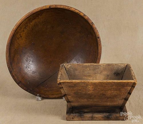 Pine apple box, ca. 1900, 6'' h., 10 3/4'' w., together with a turned wooden bowl, 14 3/4'' dia.
