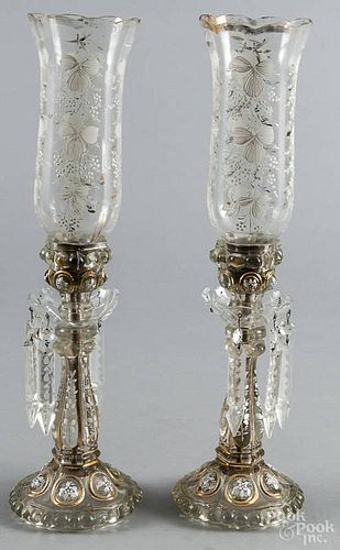 Pair of enameled glass candlesticks with shades, late 19th c., 12'' h.