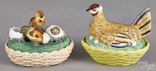 Two Staffordshire porcelain hen on nest, 19th c., one with chicks emerging from eggs, 6'' h.
