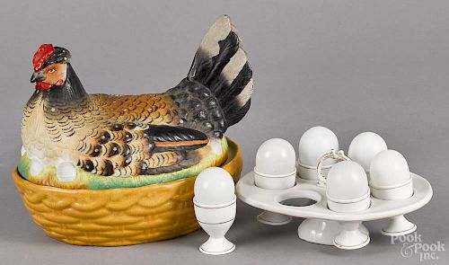 Large Staffordshire porcelain hen on nest, 19th c., with an interior egg carrier, 8 3/4'' h.