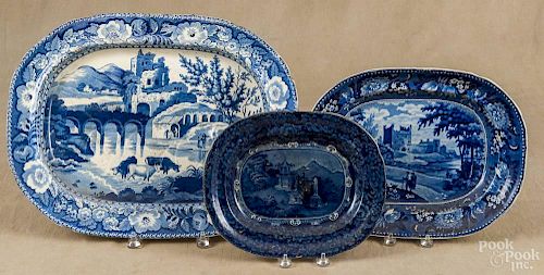 Three historic blue platters, 19th c., largest - 18'' w.
