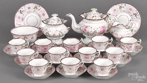 Thirty-piece pink lustre tea and luncheon service, 19th c., teapot - 8'' h.