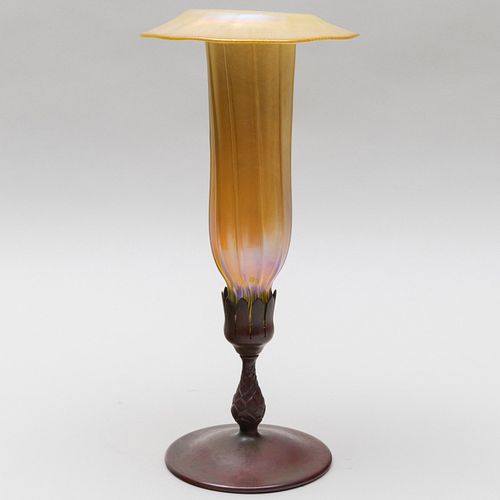 Tiffany Studios Favrile Glass and Patinated Bronze Trumpet Vase