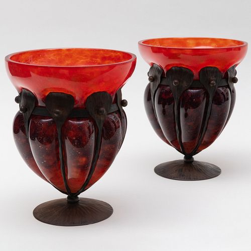 Pair of Schneider Iron and Blown Glass Vases