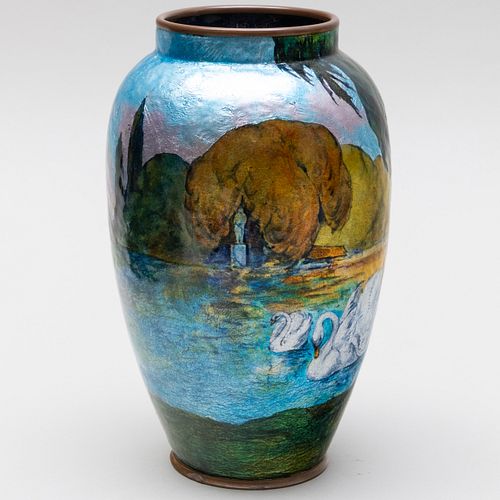 Camille Fauré for Limoges Enamel on Copper Waterscape Vase 