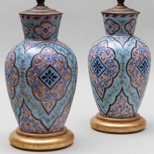 Pair of Enameled Glass Moldavian Vases Mounted as Lamps 